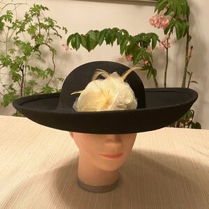 Elegant Black Wool Hat with Cream Gold Feathered Floral Accent